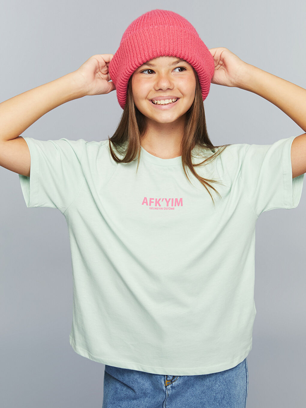 Yeşil Bisiklet Yaka Slogan Baskılı Kız Çocuk Tişört