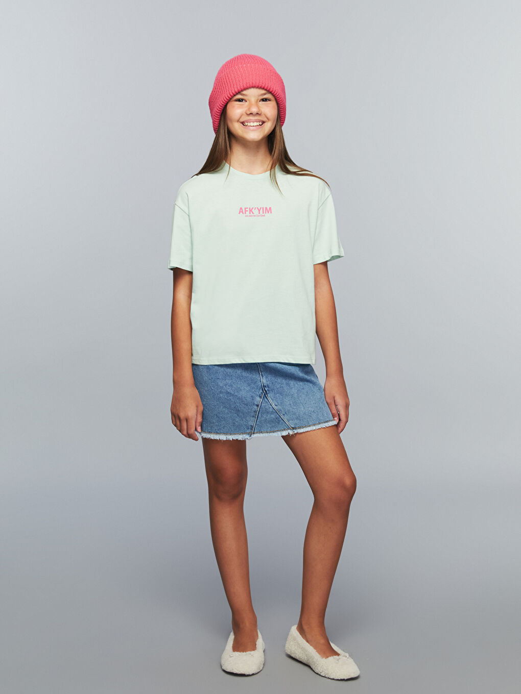 Yeşil Bisiklet Yaka Slogan Baskılı Kız Çocuk Tişört-1