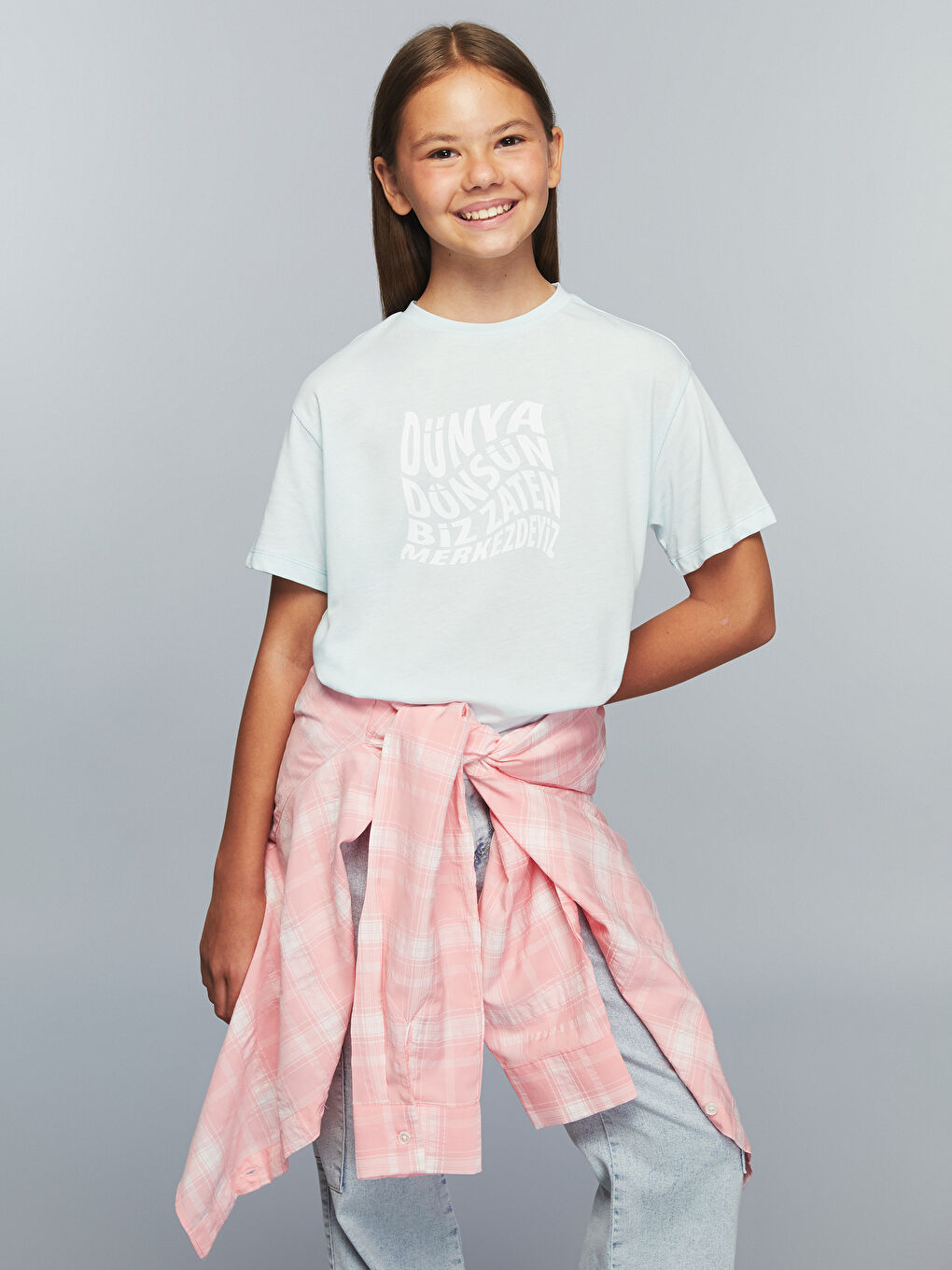 Mavi Bisiklet Yaka Slogan Baskılı Kız Çocuk Tişört