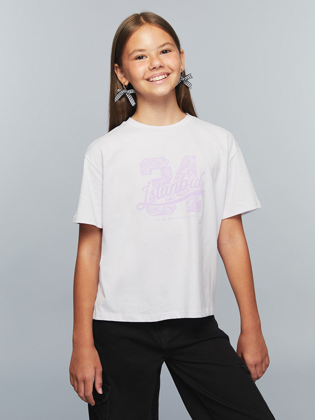 Lila Bisiklet Yaka İstanbul Baskılı Kız Çocuk Tişört
