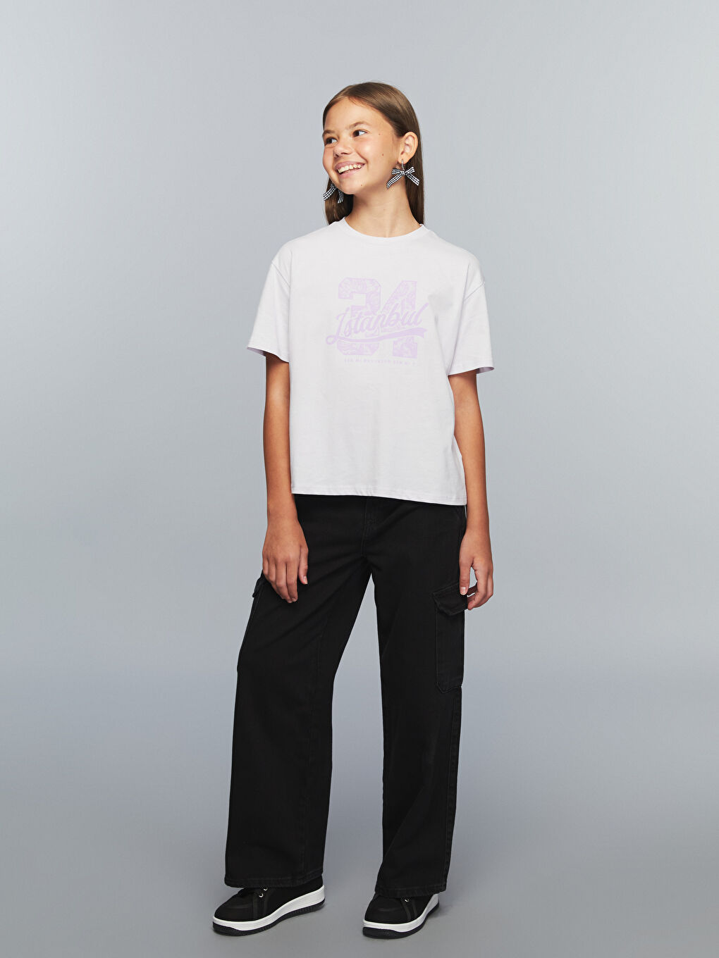Lila Bisiklet Yaka İstanbul Baskılı Kız Çocuk Tişört-1