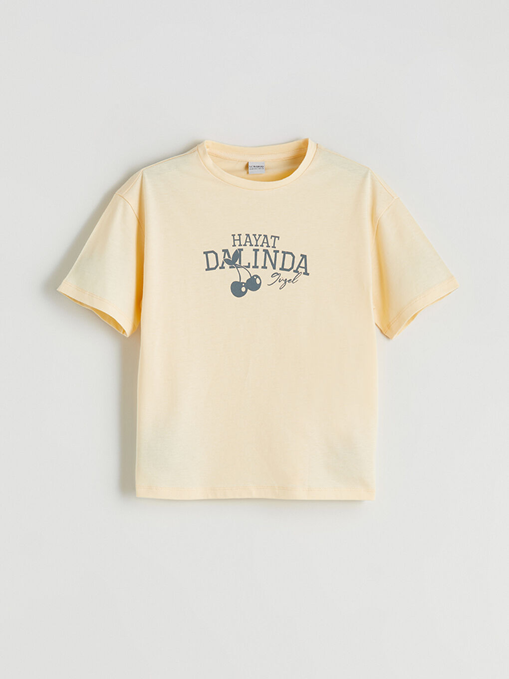 Sarı Bisiklet Yaka Slogan Baskılı Kız Çocuk Tişört