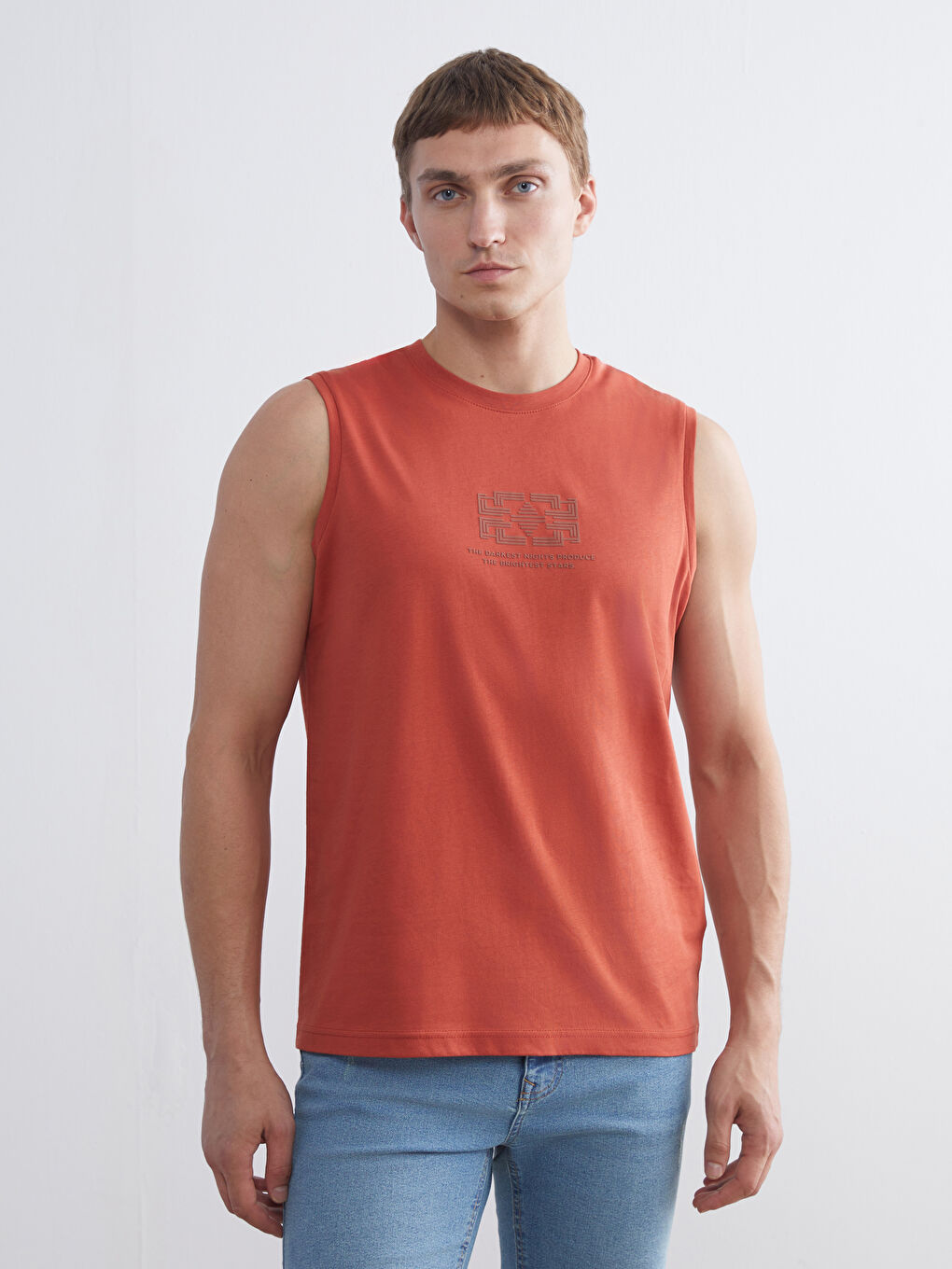 Turuncu Bisiklet Yaka Baskılı Penye Erkek Kolsuz Tişört