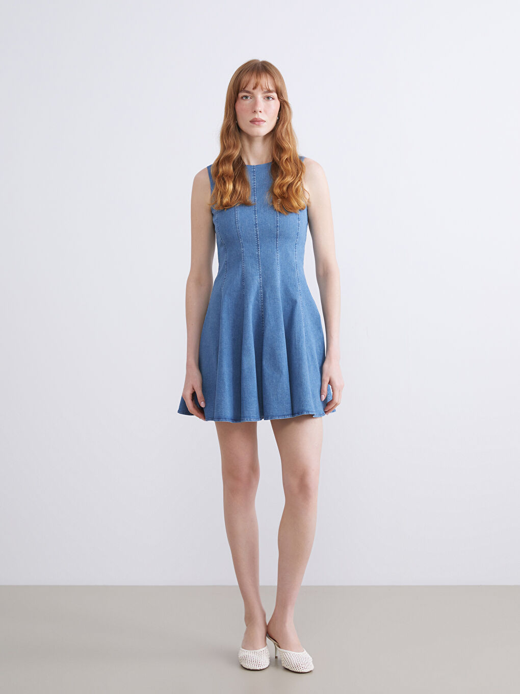 İndigo Bisiklet Yaka Peplum Mini Jean Elbise-1