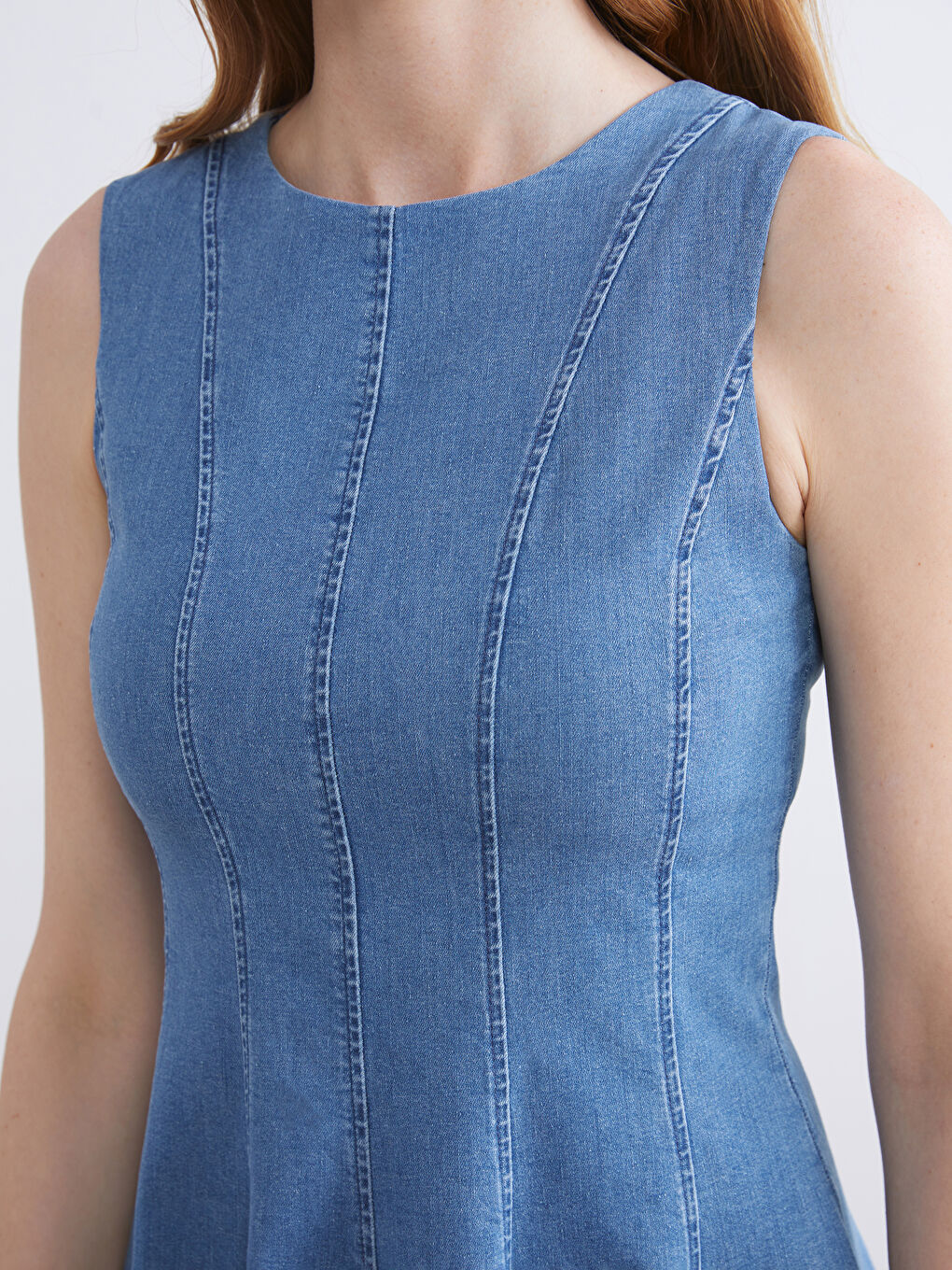 İndigo Bisiklet Yaka Peplum Mini Jean Elbise-2