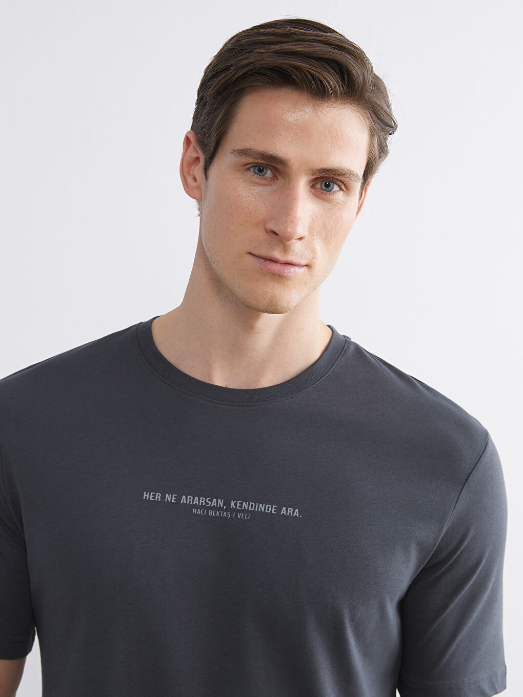 Antrasit Bisiklet Yaka Baskılı Penye Erkek Tişört-2