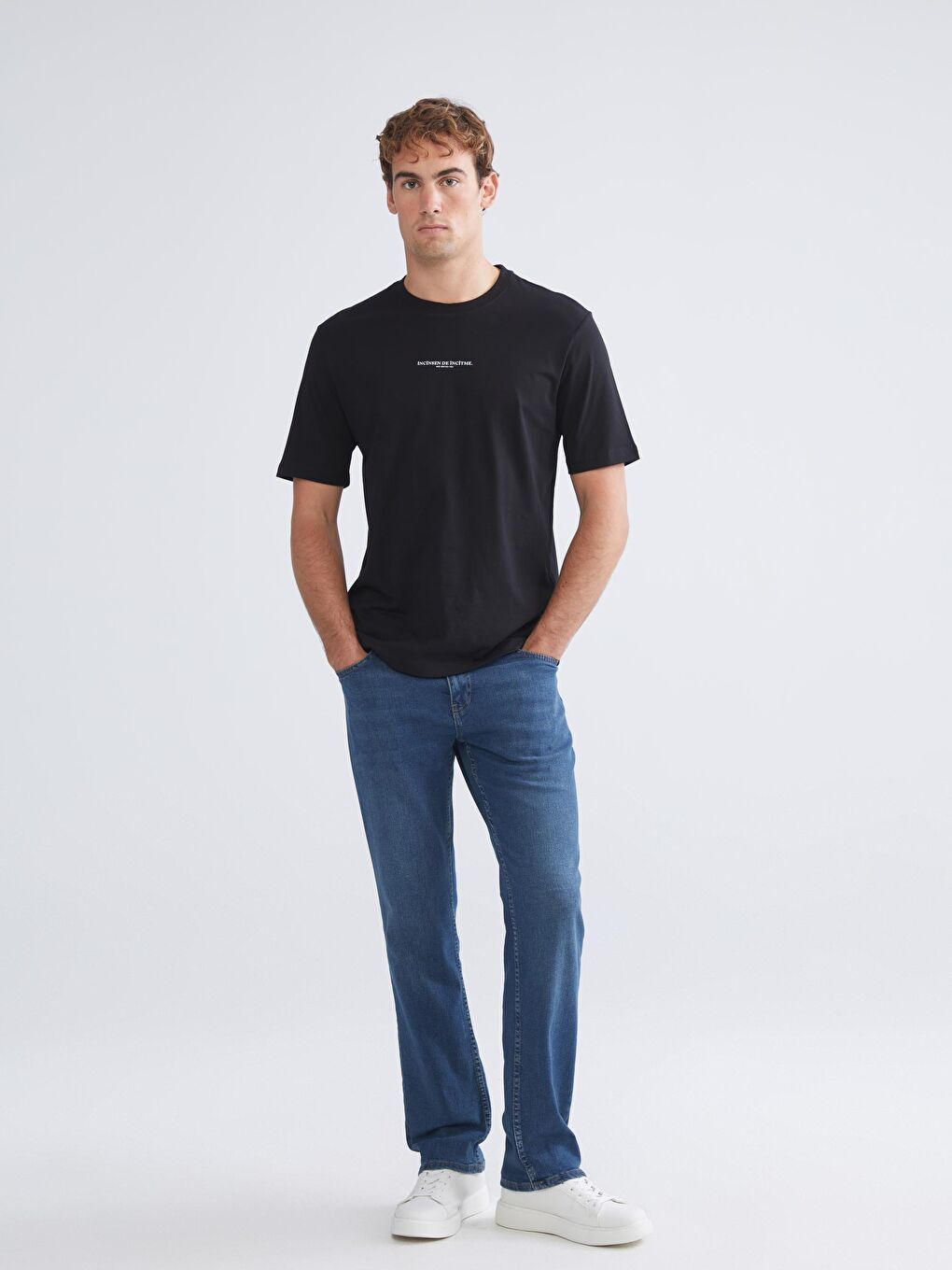 Siyah Bisiklet Yaka Baskılı Penye Erkek Tişört-1