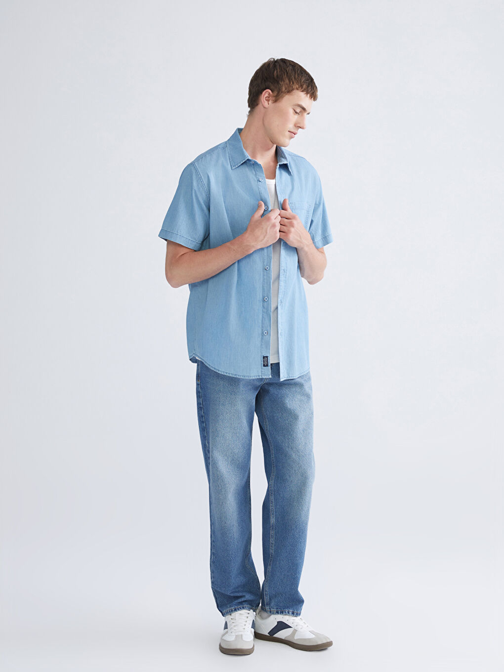 İndigo Regular Fit Kısa Kollu Erkek Jean Gömlek-1