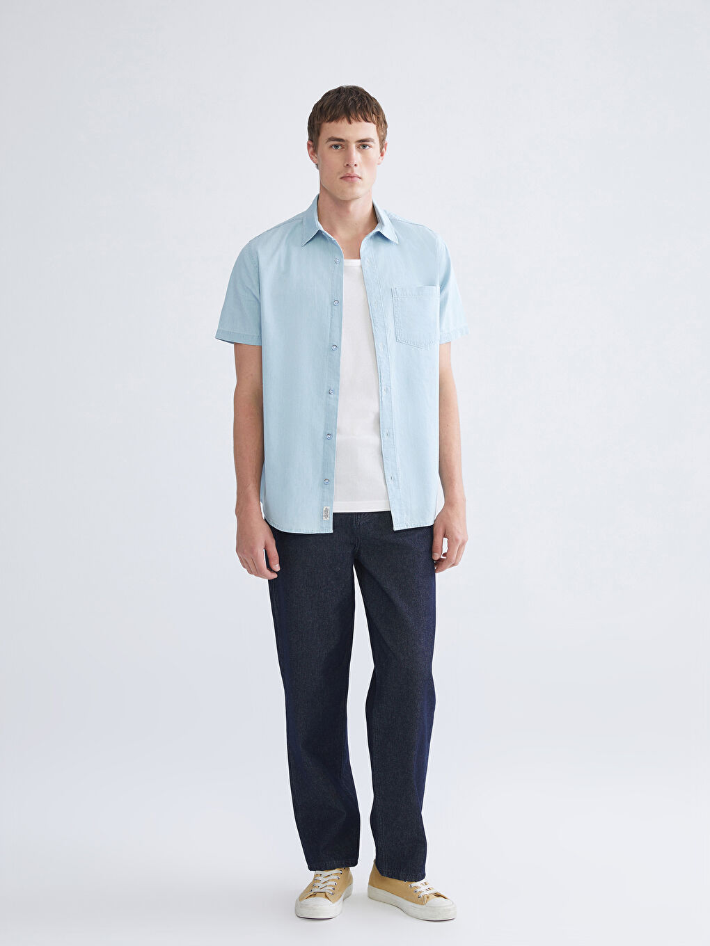 İndigo Regular Fit Kısa Kollu Erkek Jean Gömlek-1