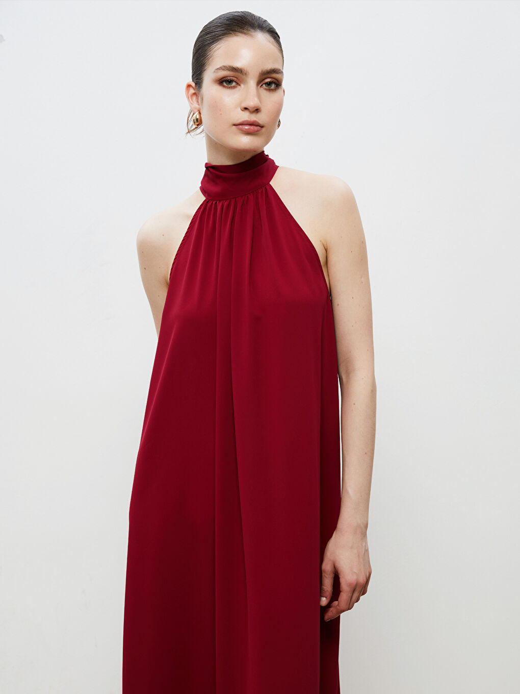Bordo Halter Yaka Büzgülü Elbise-1