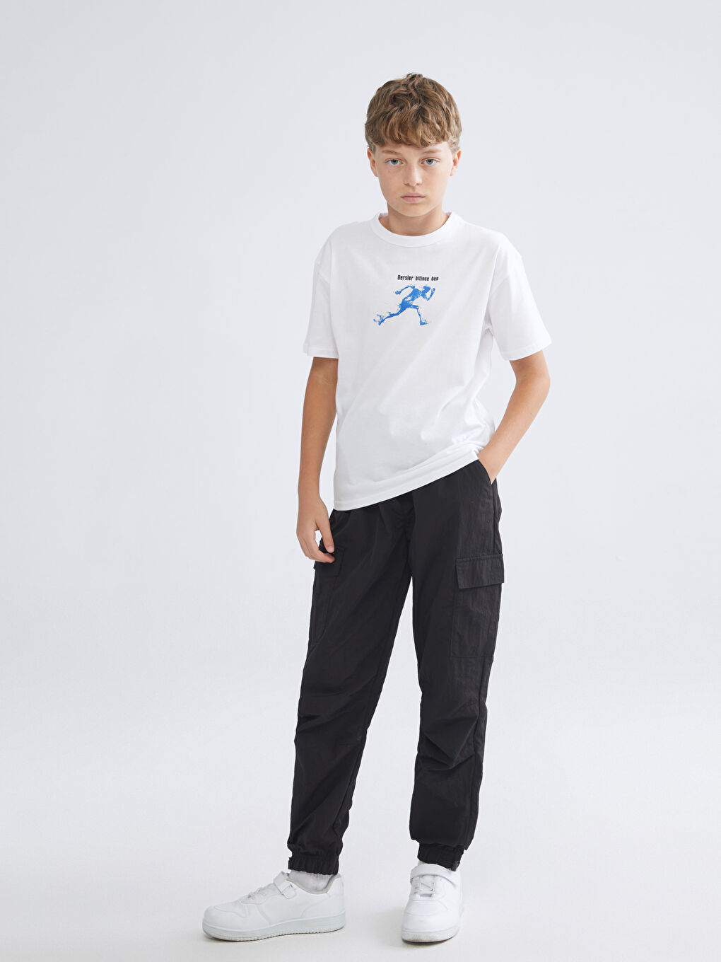 Beyaz Bisiklet Yaka Slogan Baskılı Erkek Çocuk Tişört-1