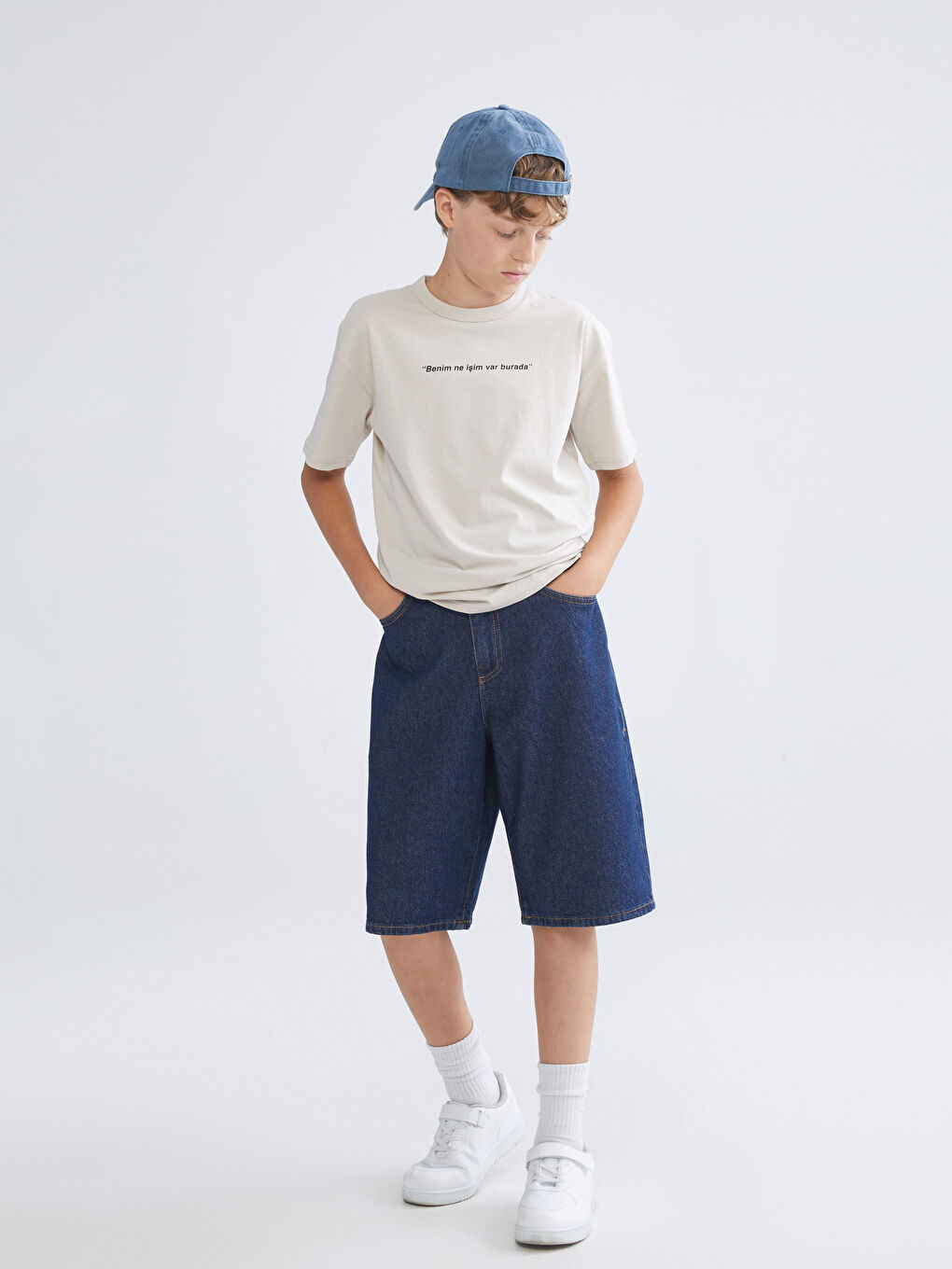 Bej Bisiklet Yaka Erkek Çocuk Tişört-1