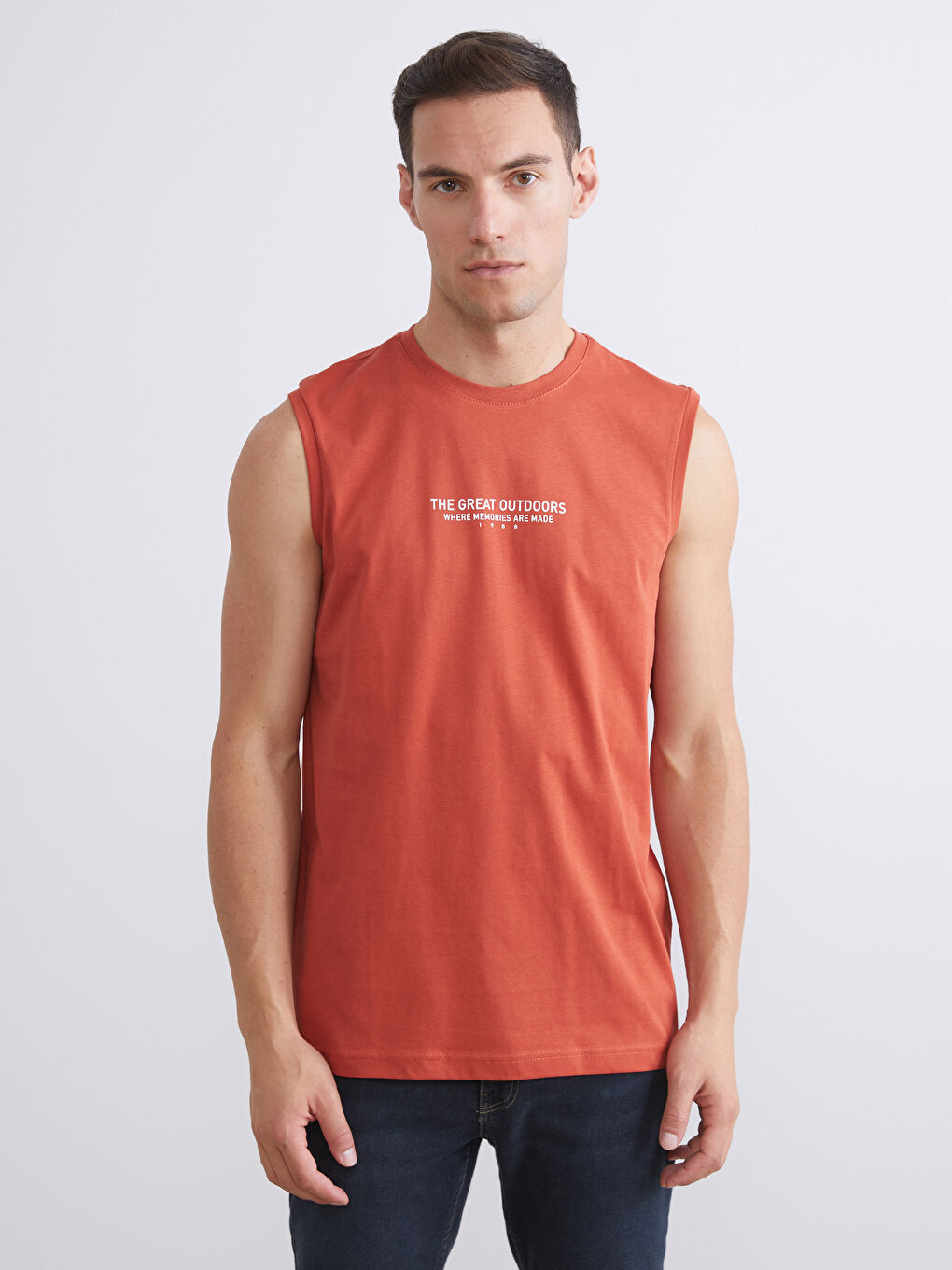 Turuncu Bisiklet Yaka Baskılı Erkek Kolsuz Tişört