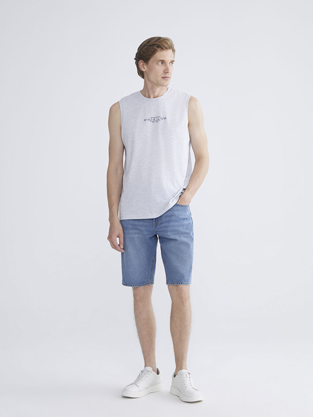 Bej Bisiklet Yaka Baskılı Penye Erkek Kolsuz Tişört-1