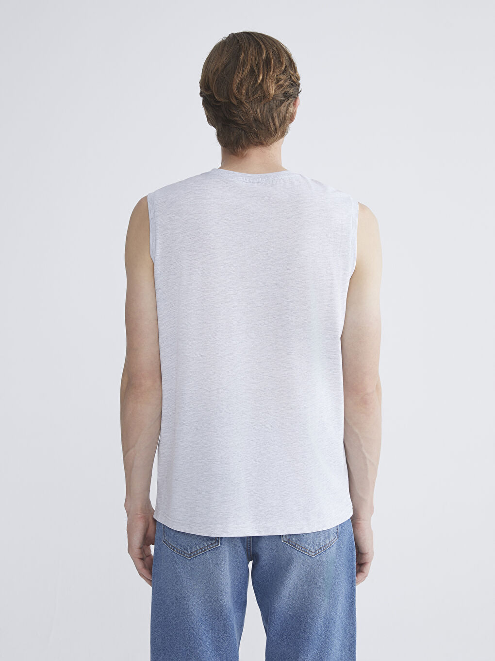 Bej Bisiklet Yaka Baskılı Penye Erkek Kolsuz Tişört-3