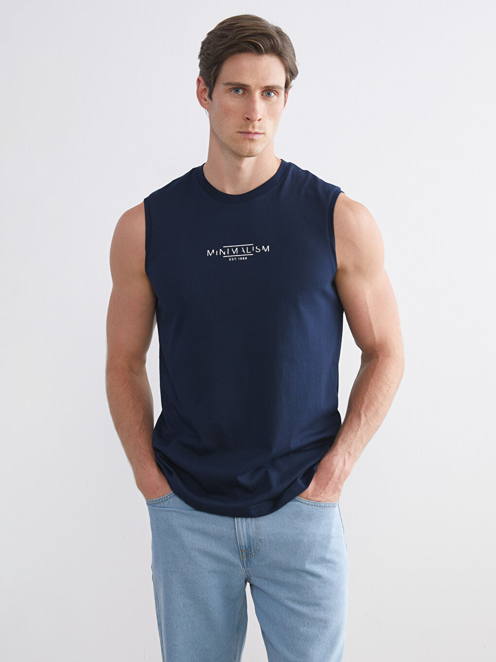 Lacivert Bisiklet Yaka Baskılı Penye Erkek Kolsuz Tişört