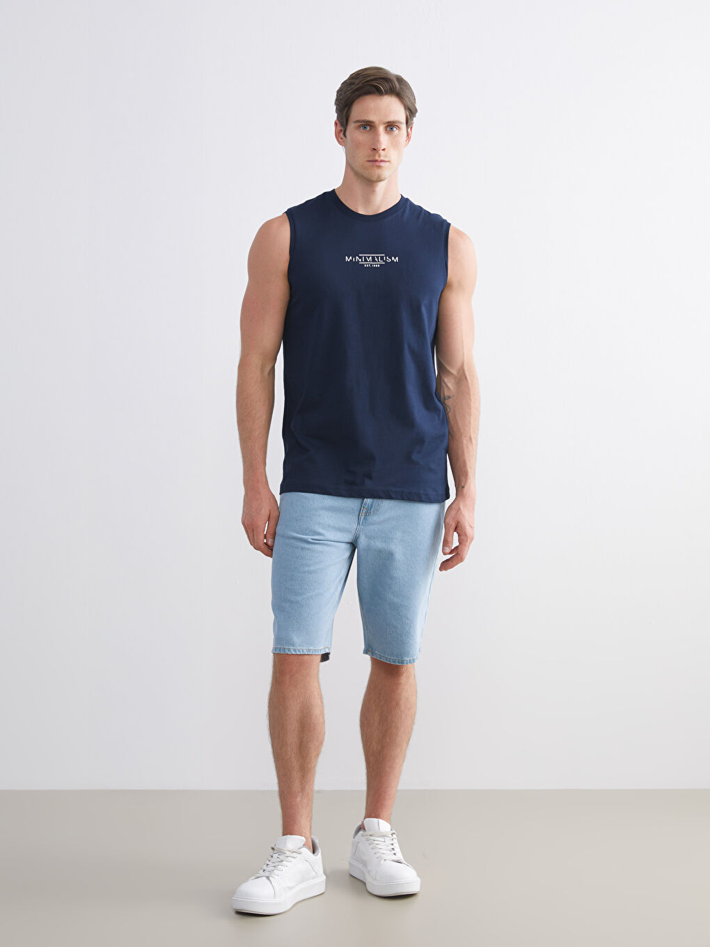 Lacivert Bisiklet Yaka Baskılı Penye Erkek Kolsuz Tişört-3