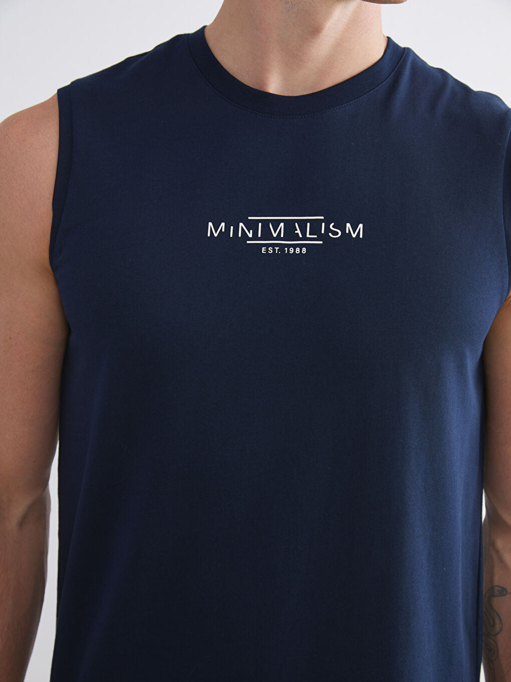 Lacivert Bisiklet Yaka Baskılı Penye Erkek Kolsuz Tişört-5