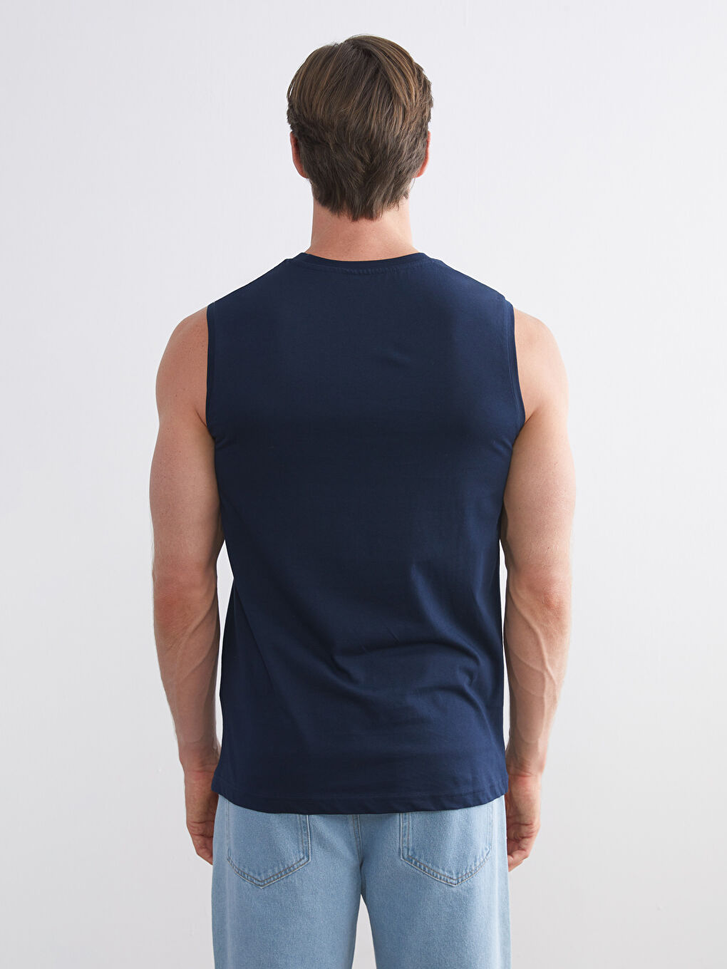 Lacivert Bisiklet Yaka Baskılı Penye Erkek Kolsuz Tişört-7