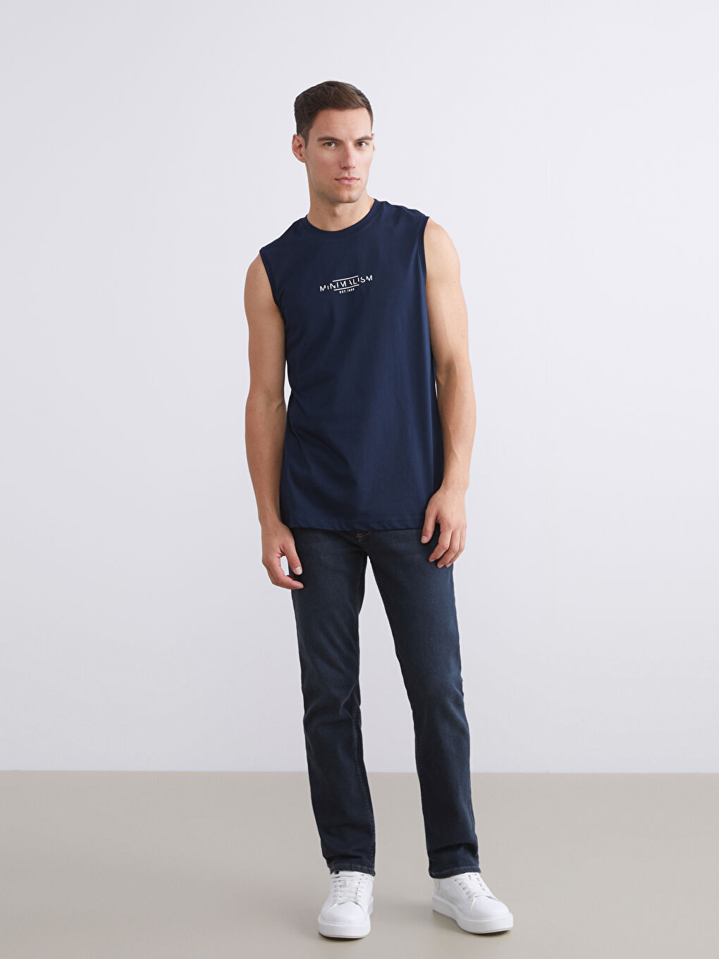 Lacivert Bisiklet Yaka Baskılı Penye Erkek Kolsuz Tişört-2