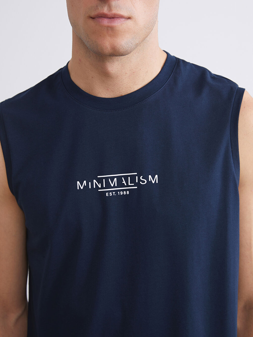 Lacivert Bisiklet Yaka Baskılı Penye Erkek Kolsuz Tişört-4