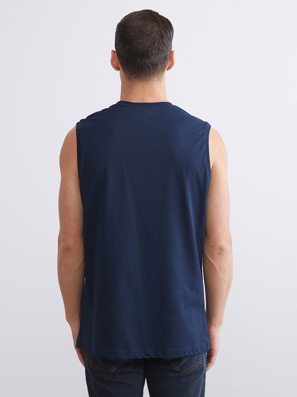 Lacivert Bisiklet Yaka Baskılı Penye Erkek Kolsuz Tişört-6