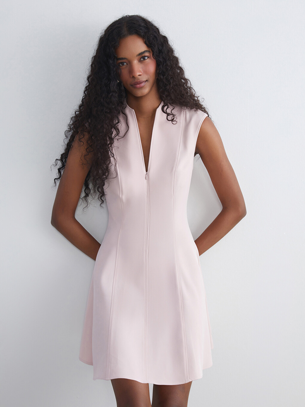Pembe V Yaka Peplum Mini Elbise-1