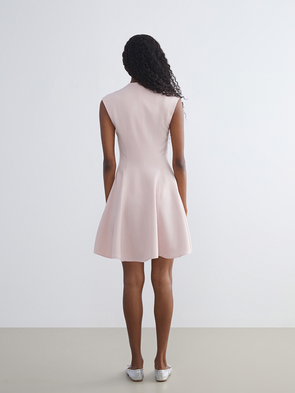 Pembe V Yaka Peplum Mini Elbise-3