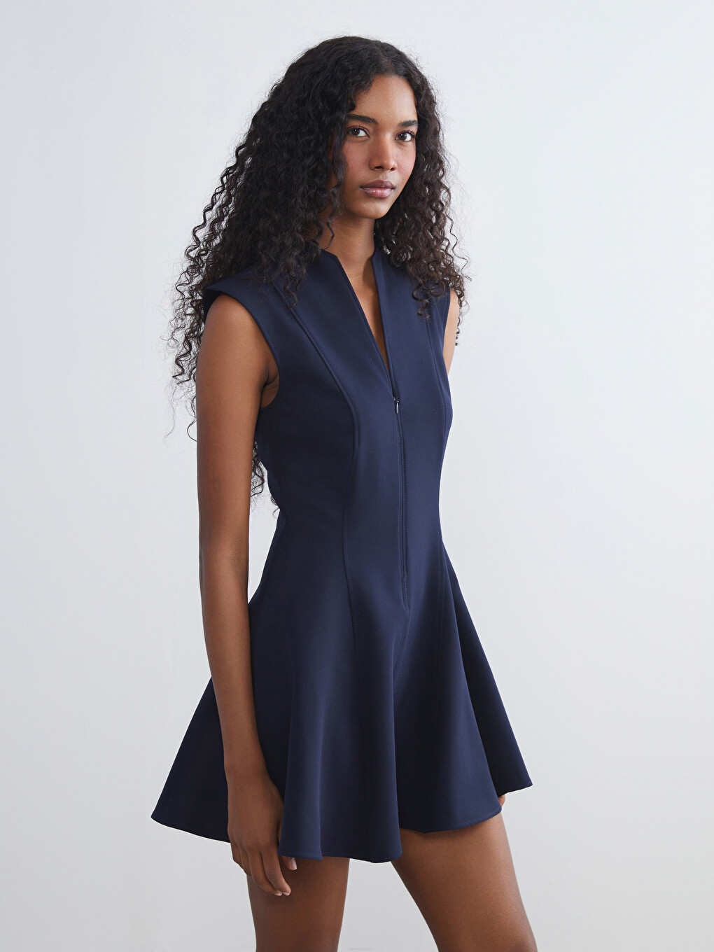 Lacivert V Yaka Peplum Mini Elbise