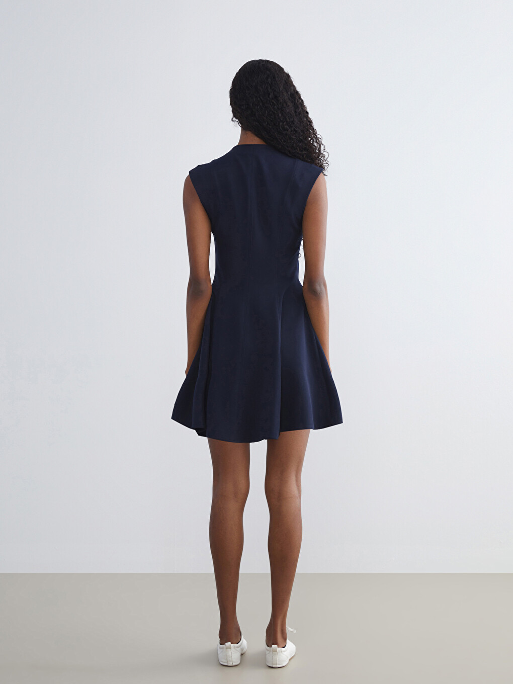 Lacivert V Yaka Peplum Mini Elbise-3