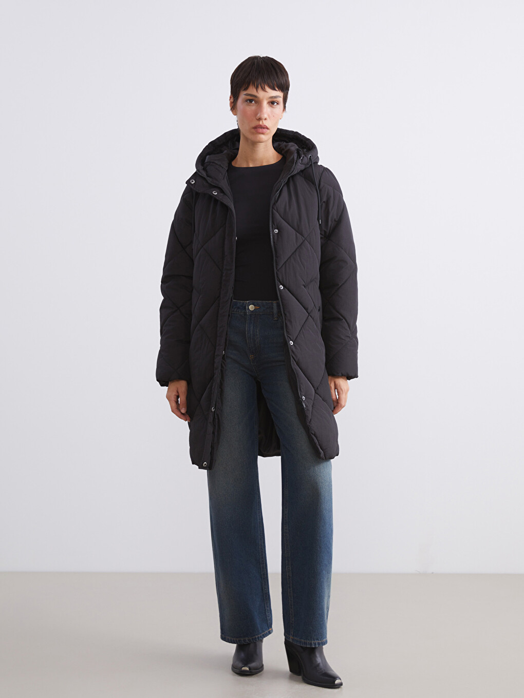 Hooded Flat Long Sleeve Pocket Detail Thick Women's Inflatable Coat
