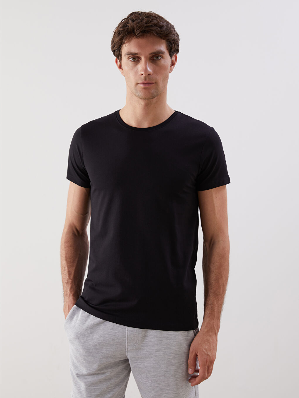 Siyah Bisiklet Yaka Penye Erkek Atlet-2