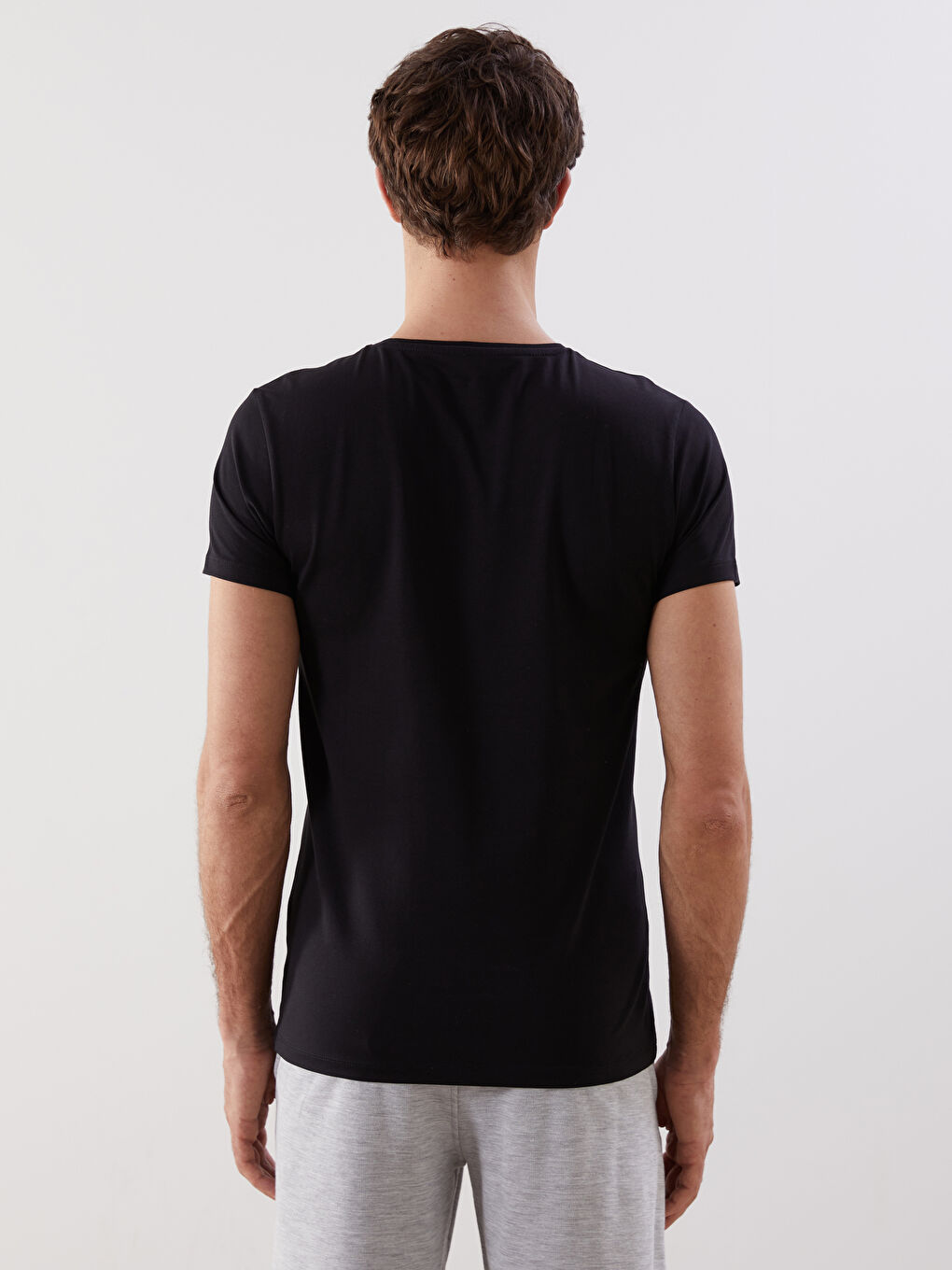 Siyah Bisiklet Yaka Penye Erkek Atlet-6