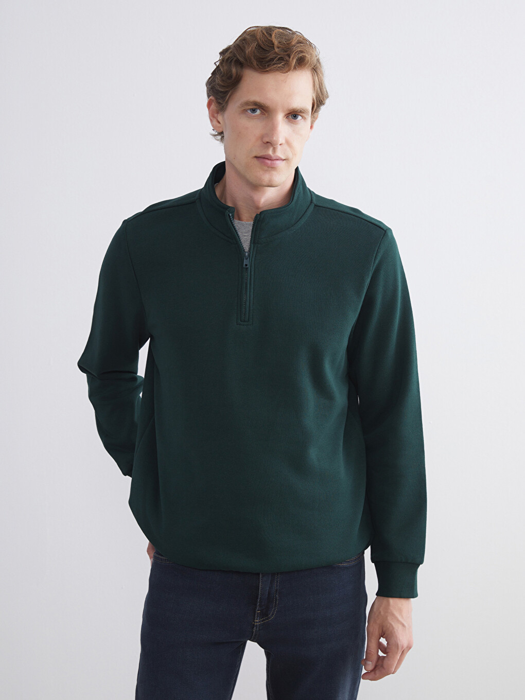 Yeşil Dik Yaka Uzun Kollu Düz Erkek Kalın Sweatshirt