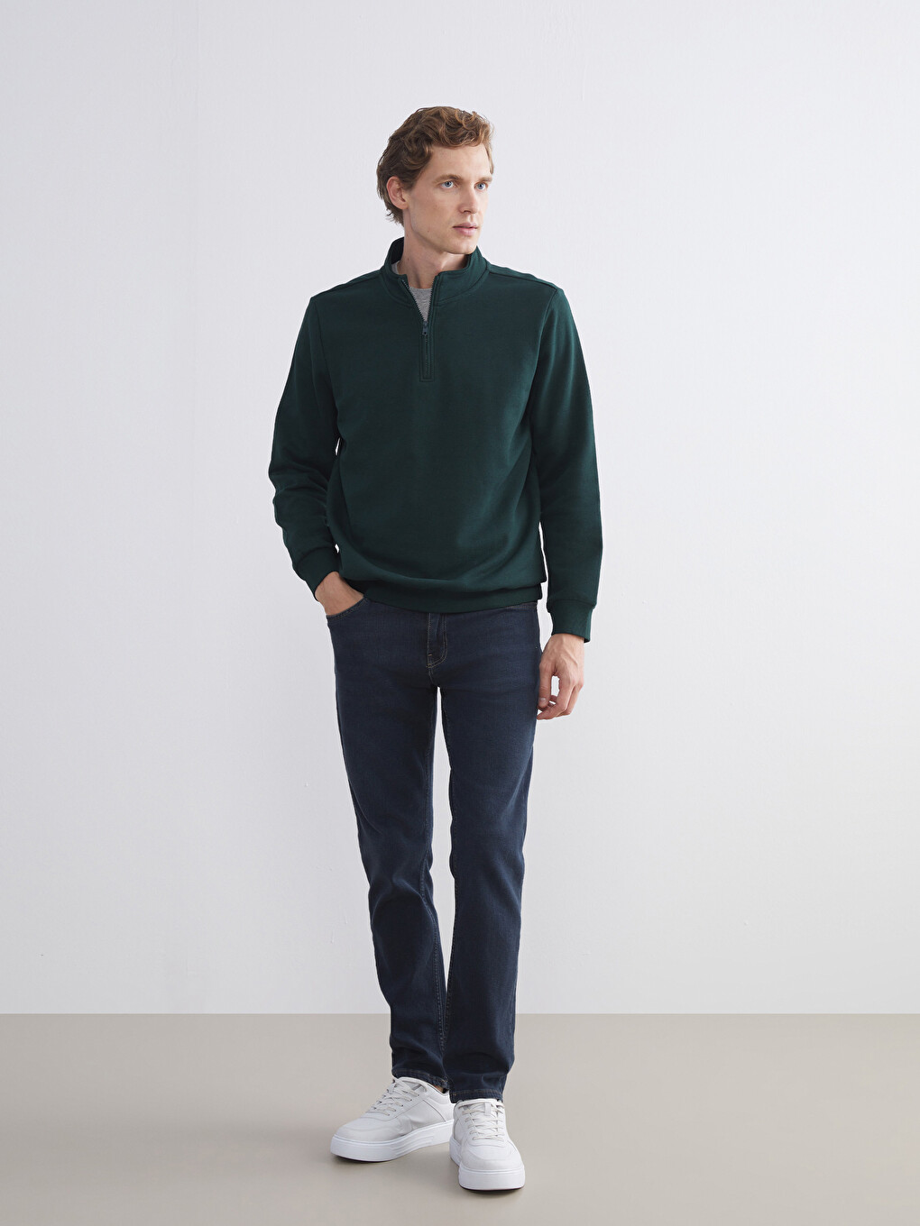 Yeşil Dik Yaka Uzun Kollu Düz Erkek Kalın Sweatshirt-1