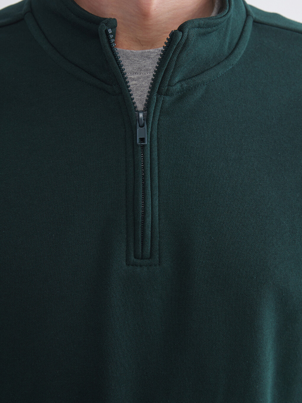 Yeşil Dik Yaka Uzun Kollu Düz Erkek Kalın Sweatshirt-2