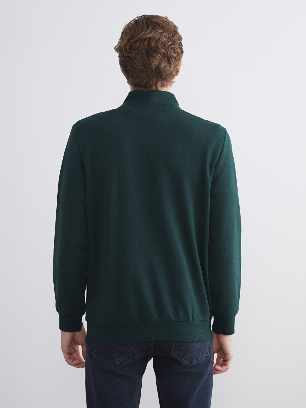 Yeşil Dik Yaka Uzun Kollu Düz Erkek Kalın Sweatshirt-3