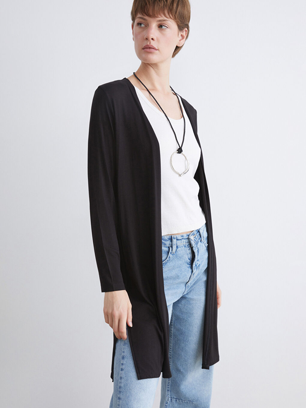 Siyah Şal Yaka Düz Uzun Kollu Kadın Hırka-1