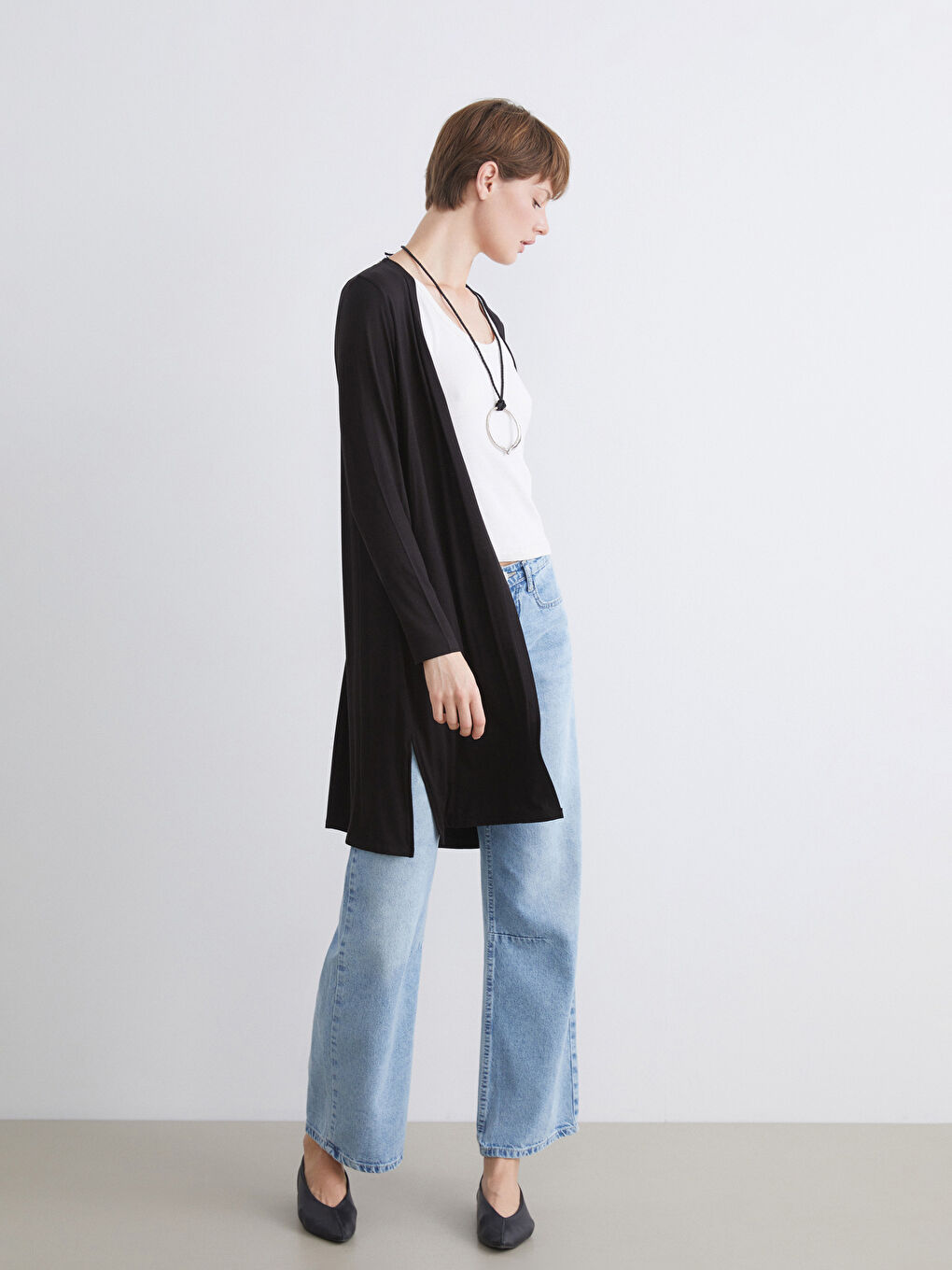 Siyah Şal Yaka Düz Uzun Kollu Kadın Hırka-2