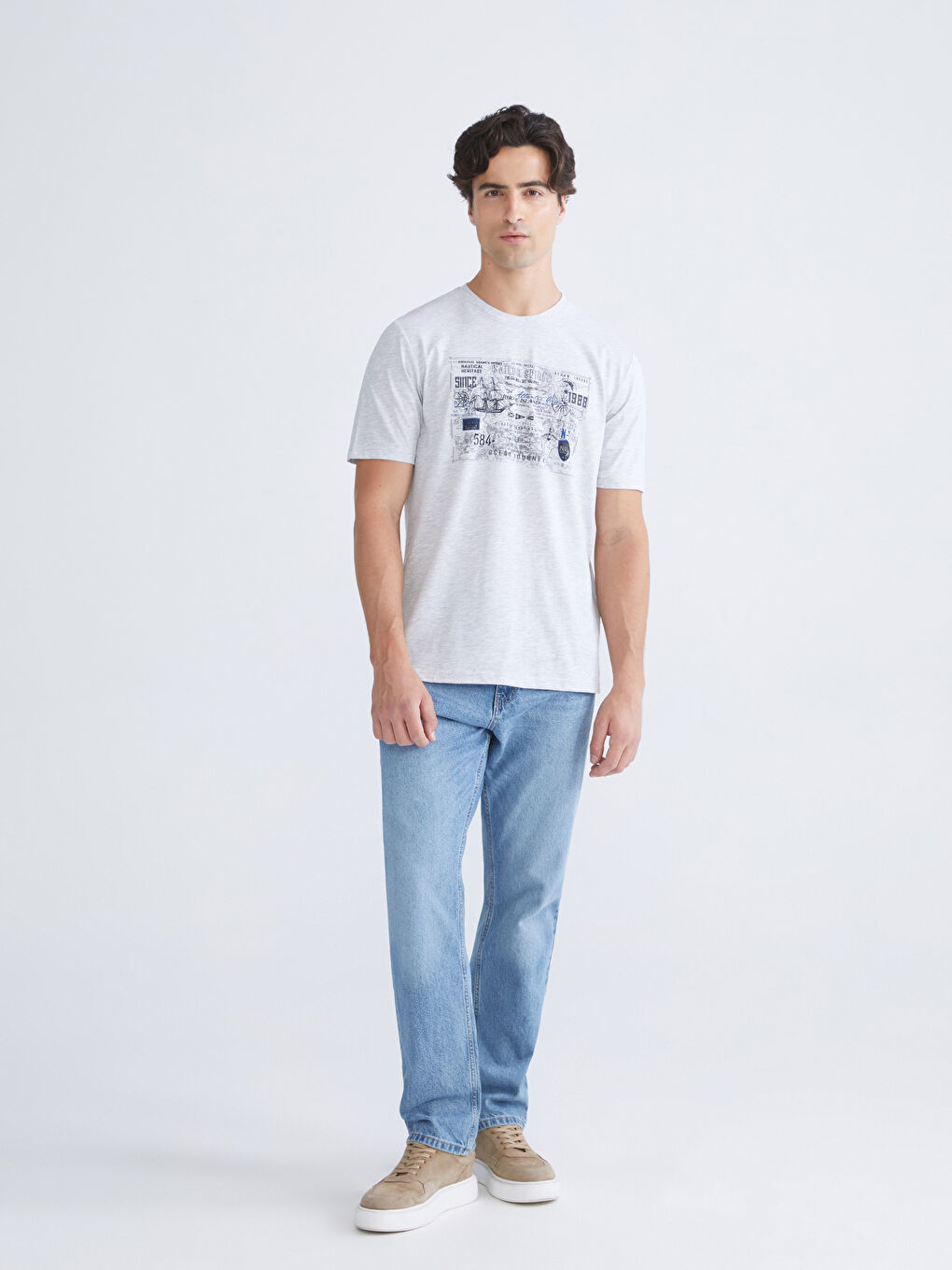 Bej Bisiklet Yaka Baskılı Penye Erkek Tişört-2