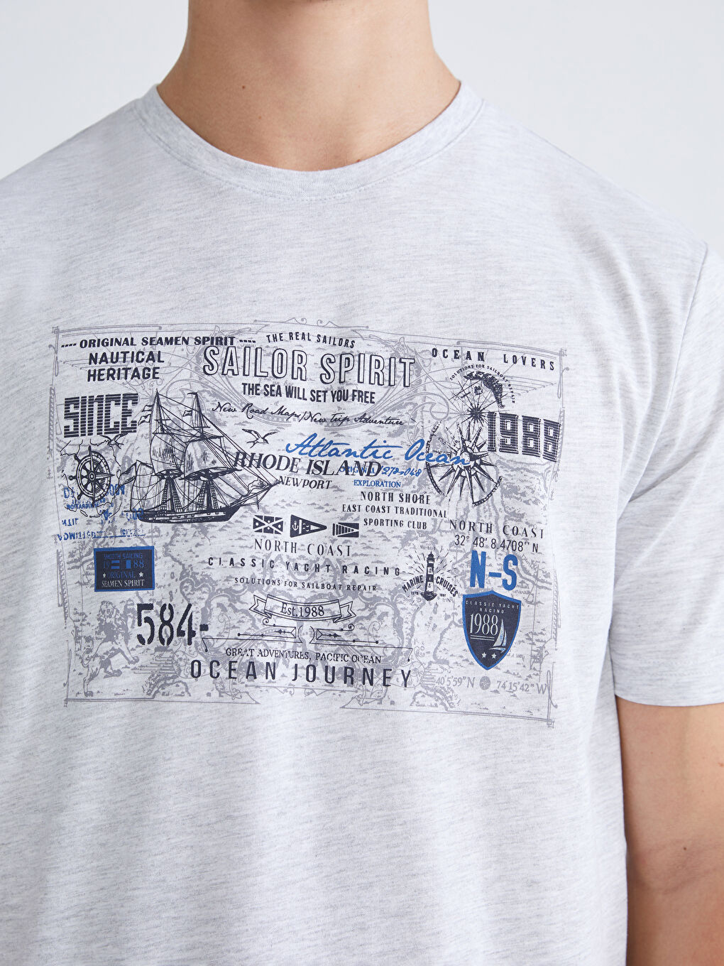 Bej Bisiklet Yaka Baskılı Penye Erkek Tişört-4