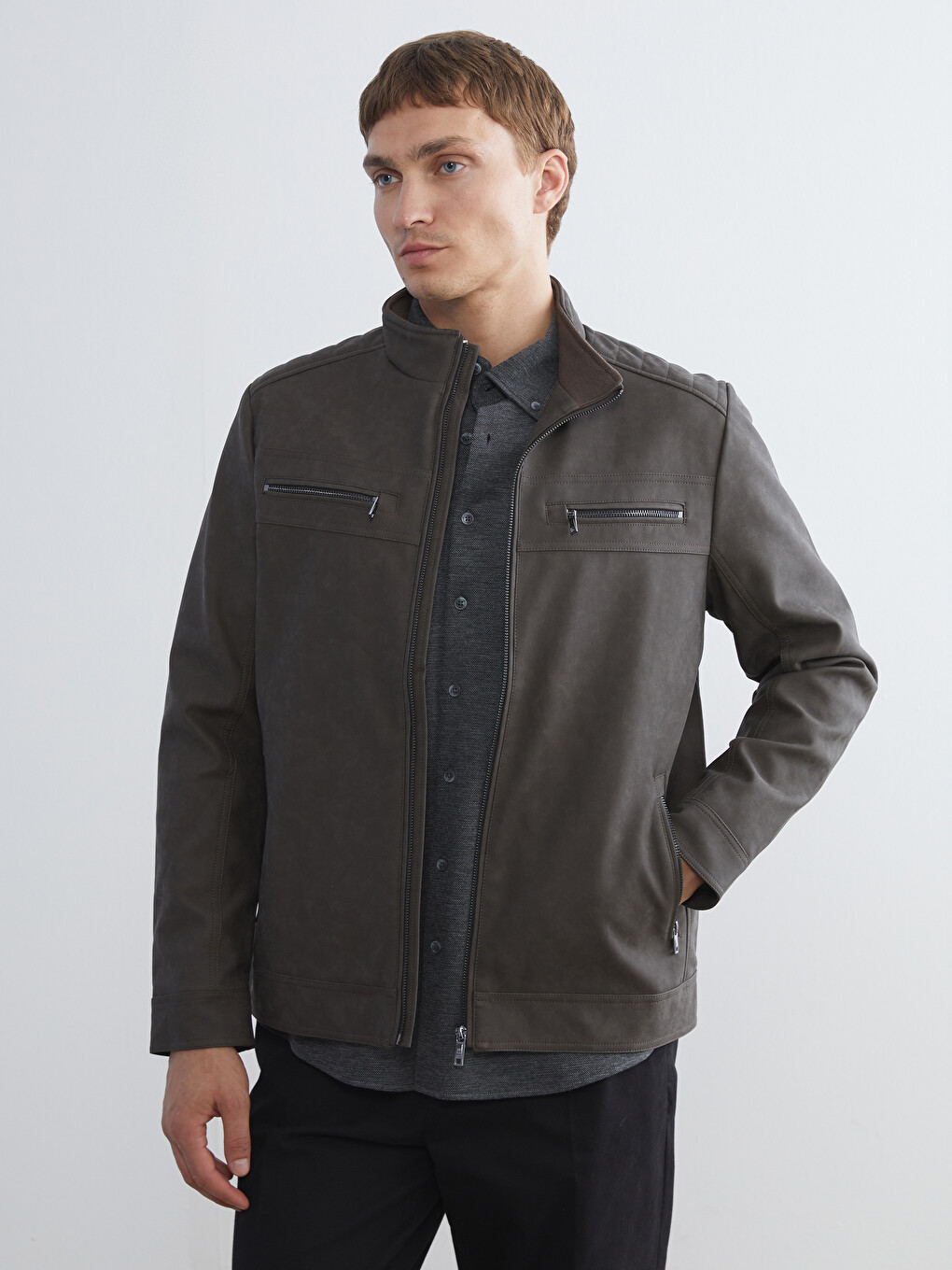 Manteau En Similicuir À Col Chemise Pour Hommes Coupe Standard
