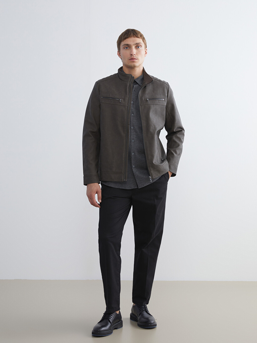Manteau En Similicuir À Col Chemise Pour Hommes Coupe Standard-1