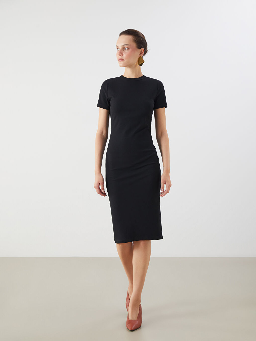 Siyah Bisiklet Yaka Bodycon Elbise-4