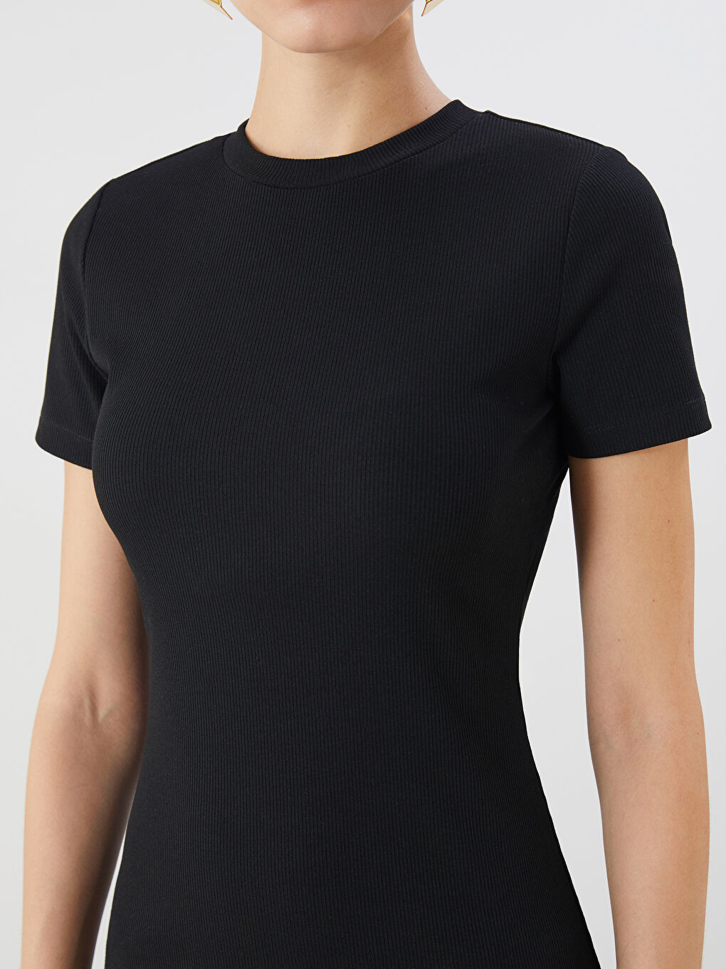 Siyah Bisiklet Yaka Bodycon Elbise-8