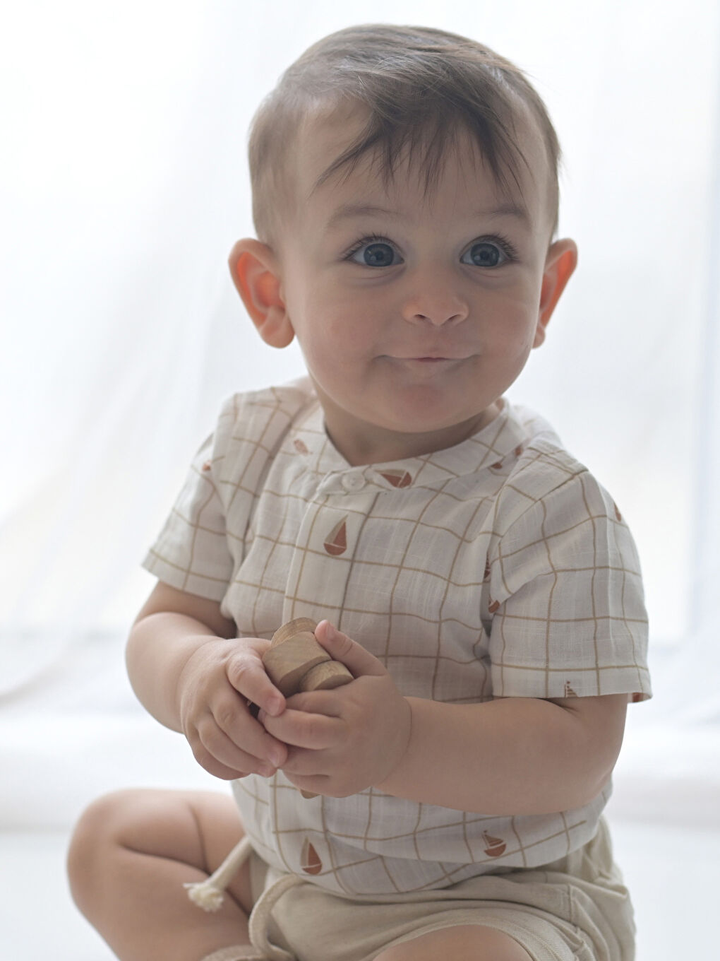 Ekru Hakim Yaka Ekose Erkek Bebek Gömlek-1