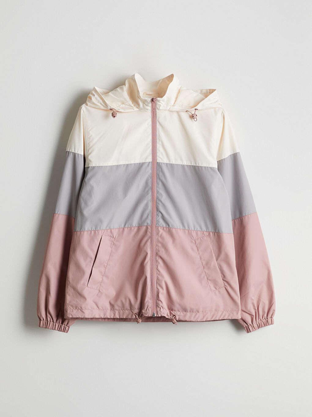 Pembe Kapüşonlu Renk Bloklu Kadın Yağmurluk-5
