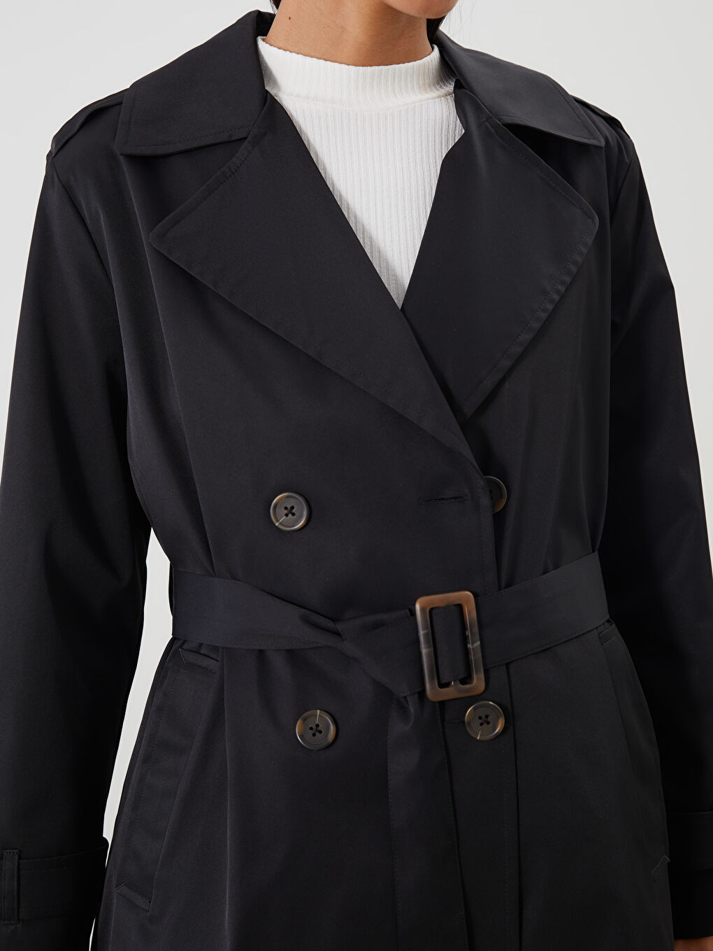 Siyah Ceket Yaka Kadın Trençkot-4