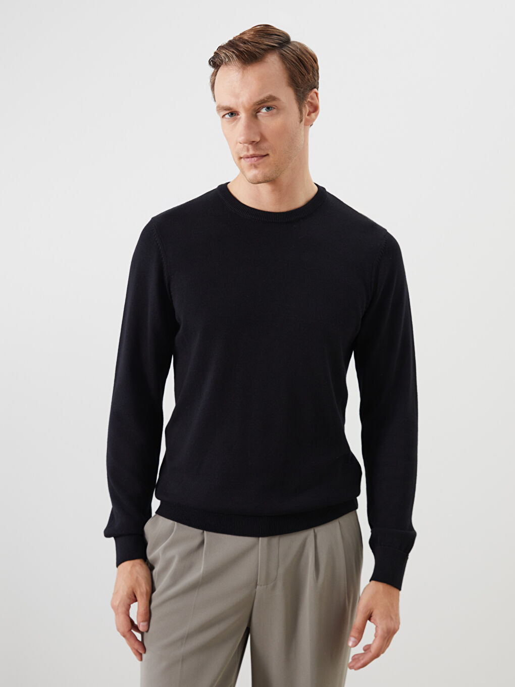 Crew Neck Long Sleeve Men's Tricot Sweater -W42146Z8-CVL