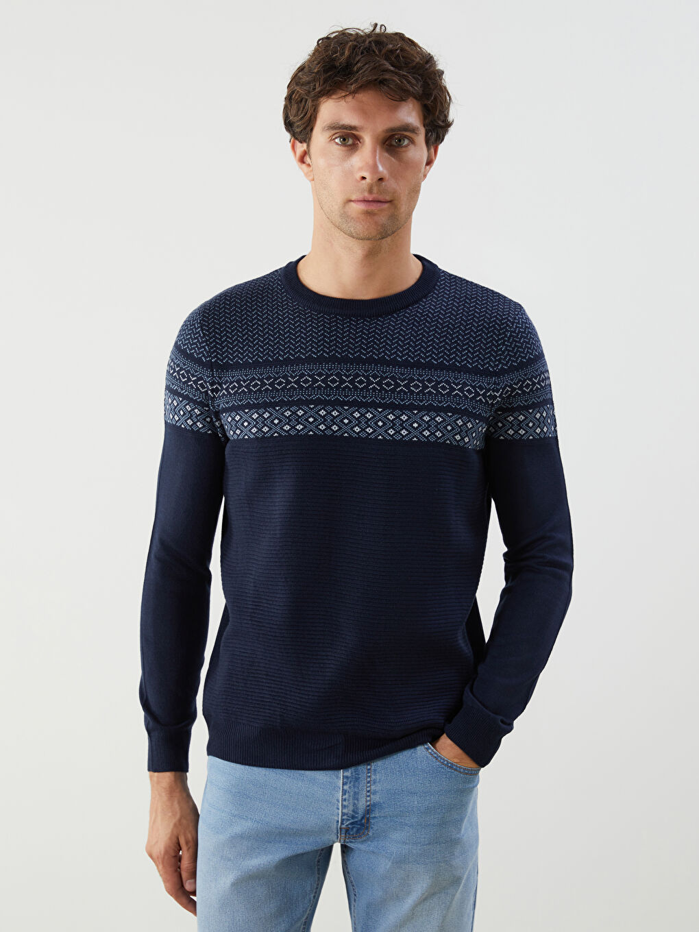 Crew Neck Long Sleeve Men's Tricot Sweater -W42154Z8-RFH